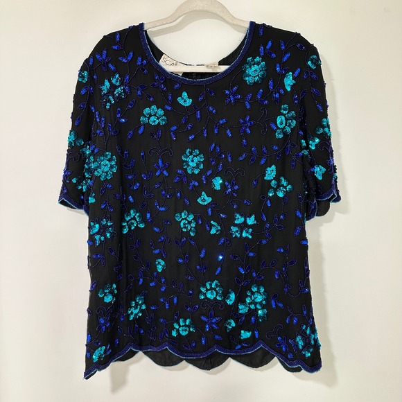 Scala Tops - Scala Silk Beaded Top 1X Black Blue‎ Floral Sequin Scalloped Blouse Vintage